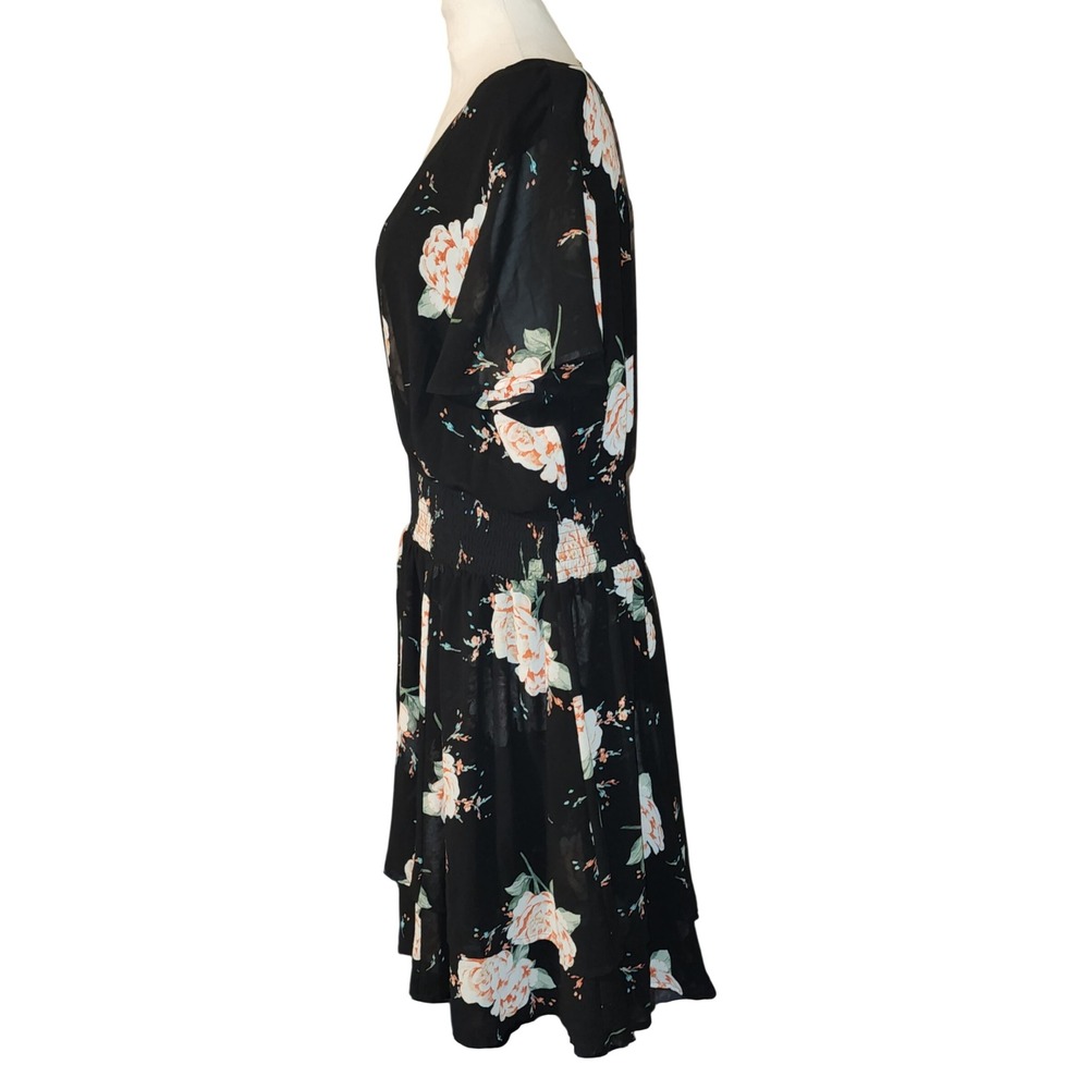 Torrid Womens Plus Size 2 Black Floral Rose Smocked Waist Tiered Chiffon Dress - Picture 2 of 7